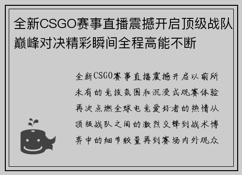 全新CSGO赛事直播震撼开启顶级战队巅峰对决精彩瞬间全程高能不断